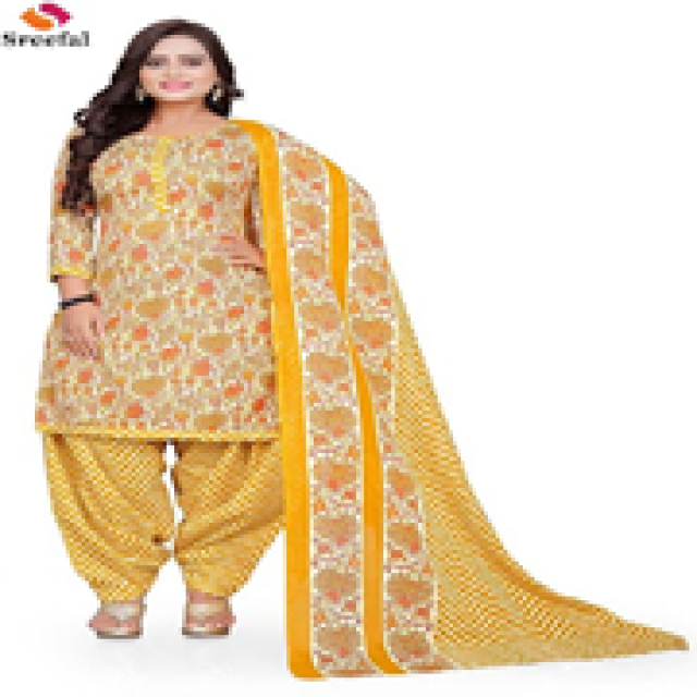 Rajnandini Women's Yellow & Orange Cotton Printed Unstitched Salwar Suit Material